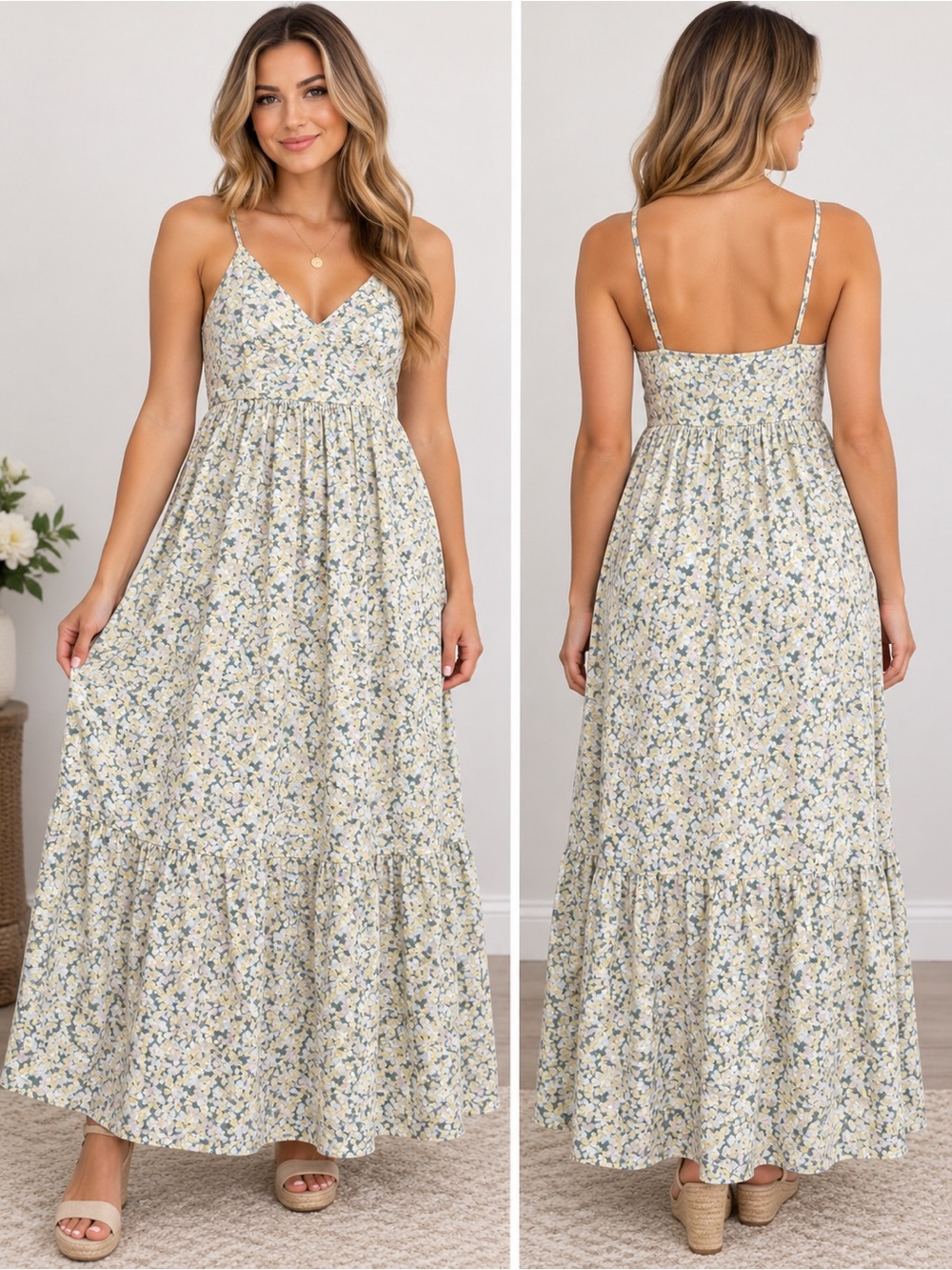 Universal Thread Floral Spaghetti-Strap Maxi Dress - Cream, Blue, Green